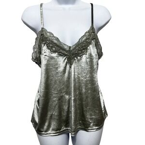 Y2K Danskin Cami Top M Olive Green Velvet Lace Trim‎ Fairygrunge Coquette Retro